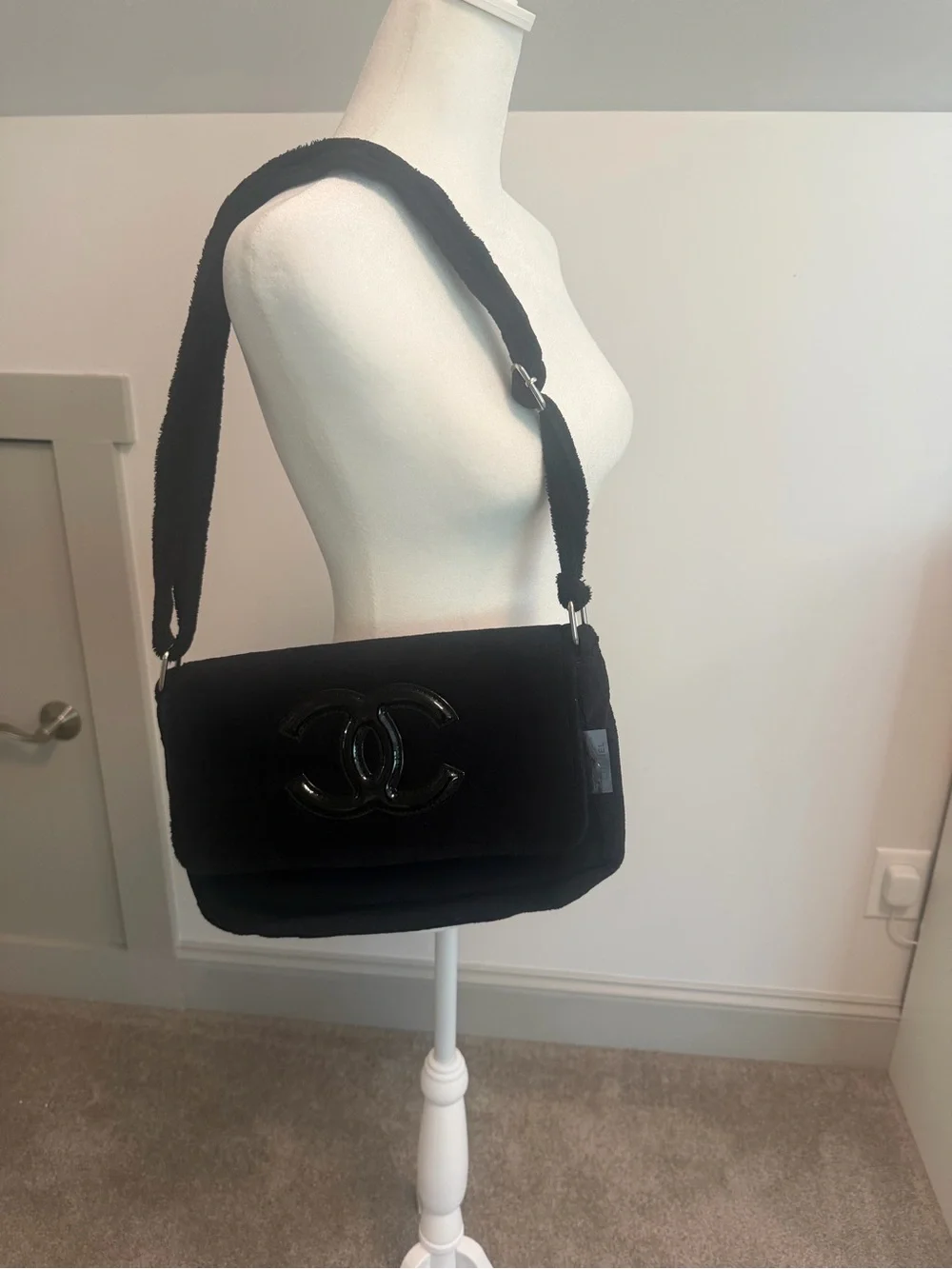 CHANEL Precision VIP GWP Black on Black Plush Terry Cloth Crossbody Bag